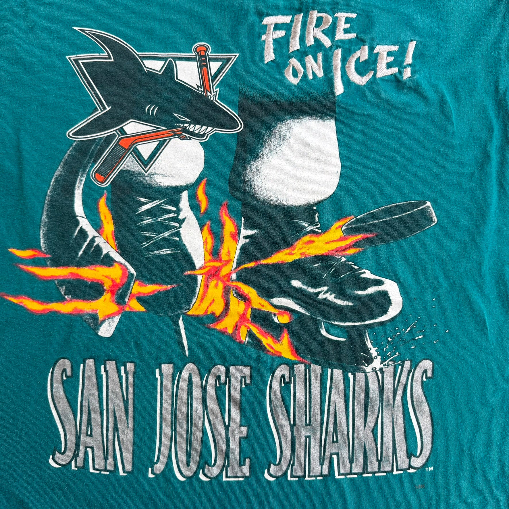 J- Vintage San Jose Sharks NHL Fire On Ice! Graphic Made In USA Single Stitch Tee - L