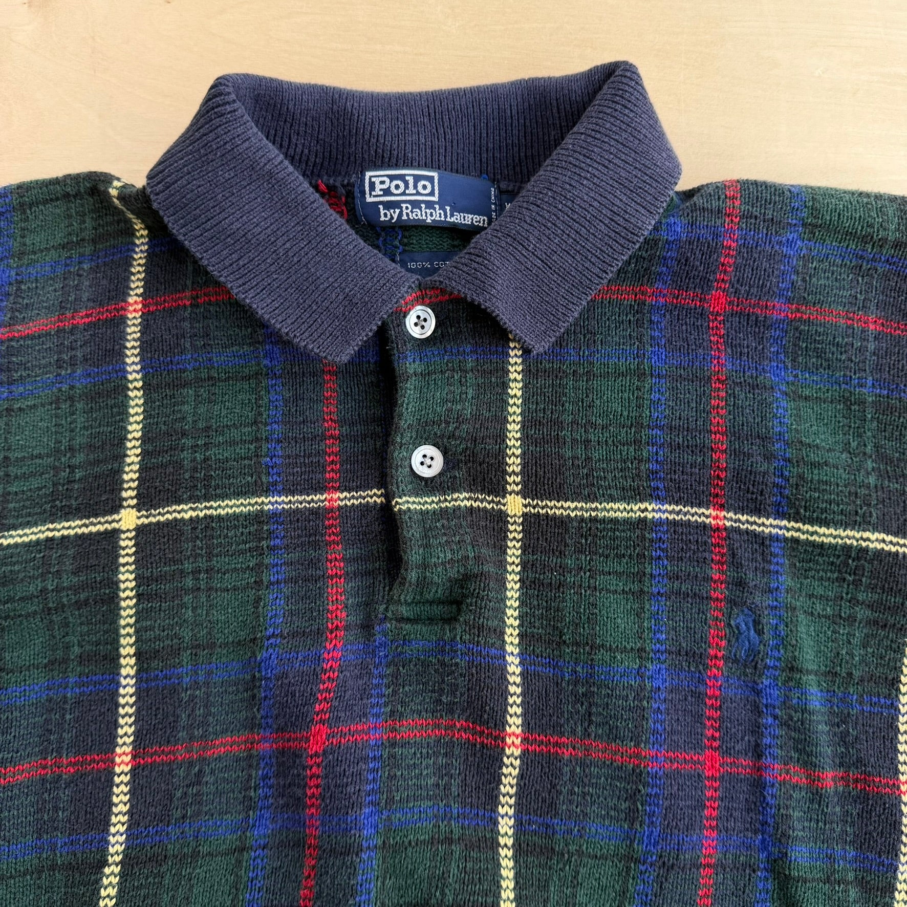 J- Vintage Polo RL Navy/Green Plaid Henley Knit Sweater - XL