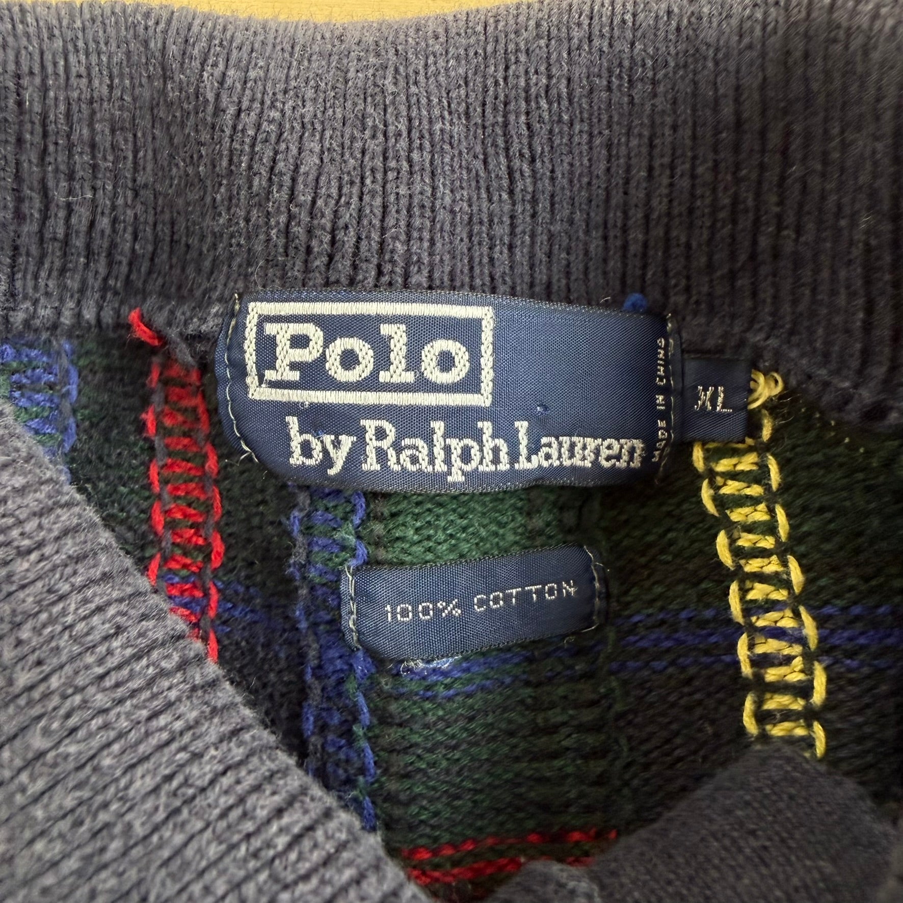 J- Vintage Polo RL Navy/Green Plaid Henley Knit Sweater - XL