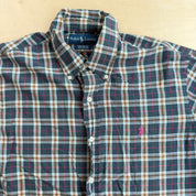 J- Vintage Polo RL Embroidered Logo Grey/Pink Gingham Pattern Button Down Shirt - L