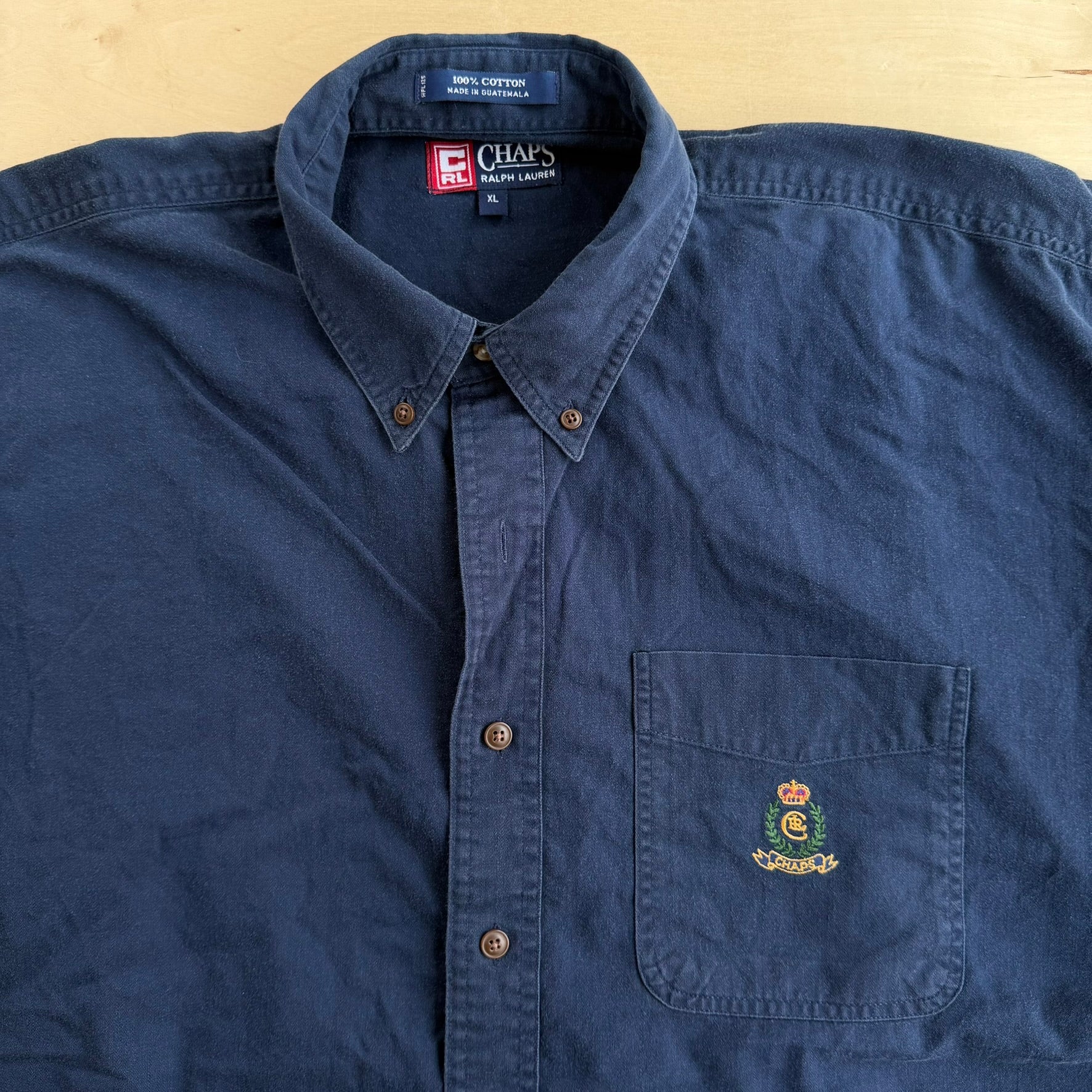 J- Vintage Chaps RL Embroidered Crest Navy Button Down Shirt - XL