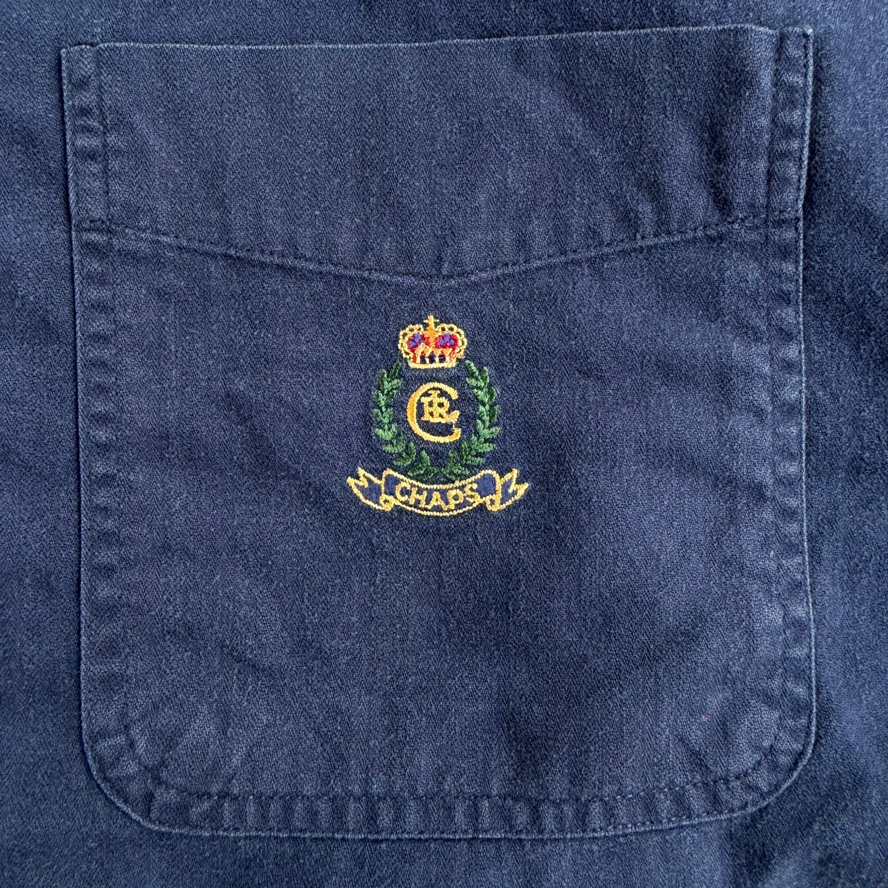 J- Vintage Chaps RL Embroidered Crest Navy Button Down Shirt - XL