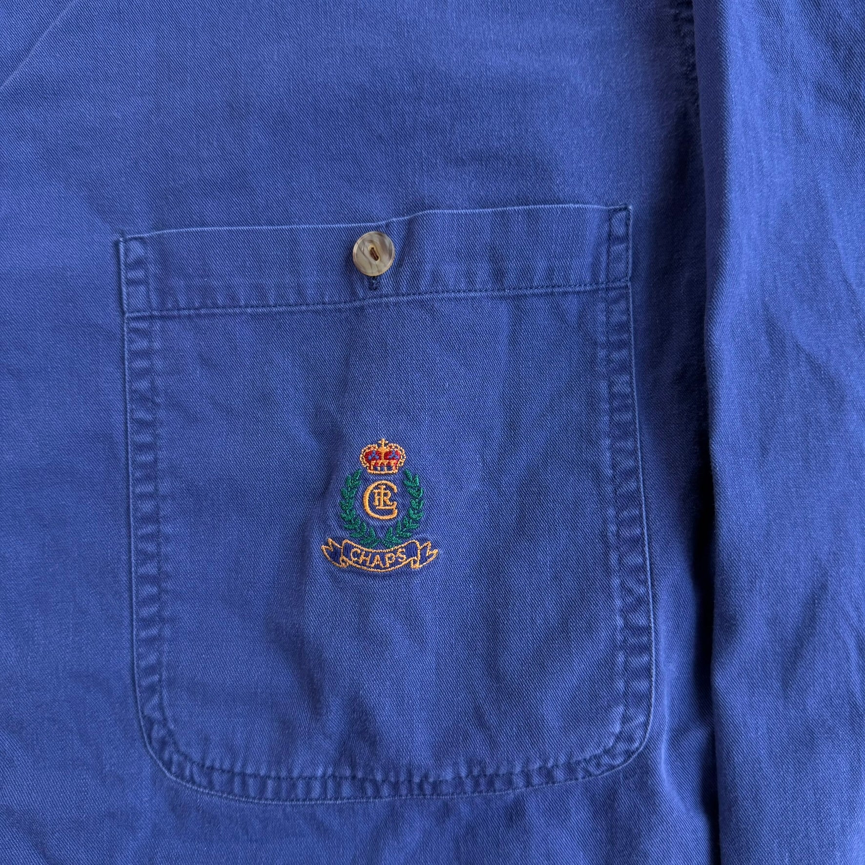 J- Vintage Chaps RL Embroidered Crest Navy Button Down Shirt - M