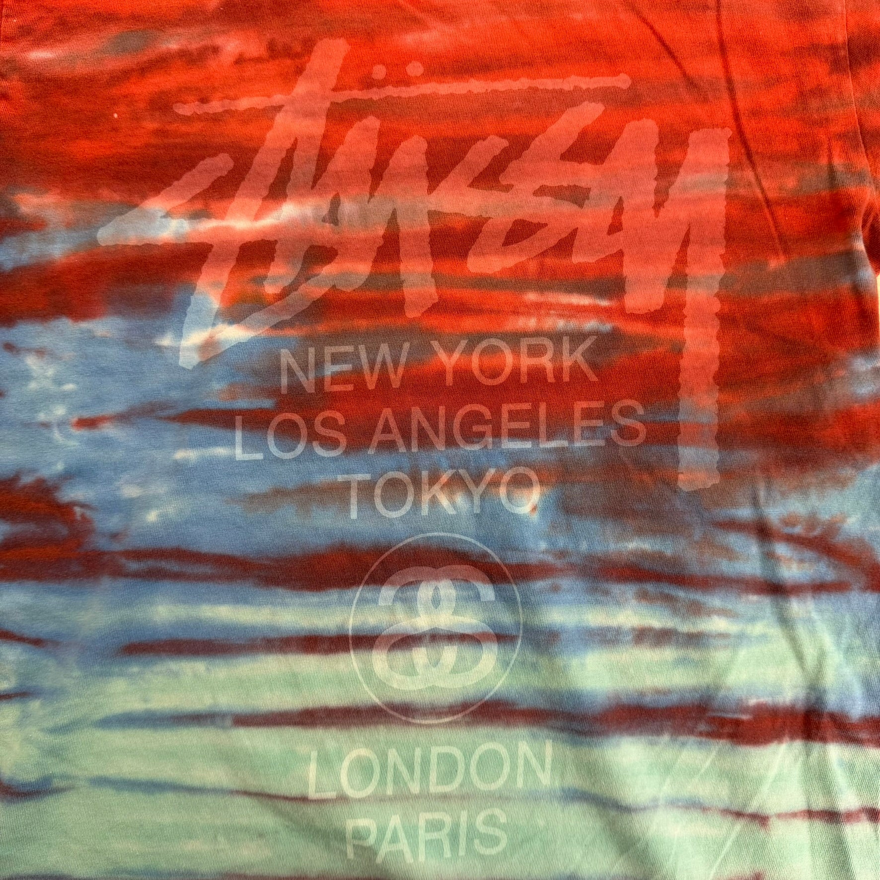 J- Vintage Stussy Cities Text Graphic Tie Dye Tee - S