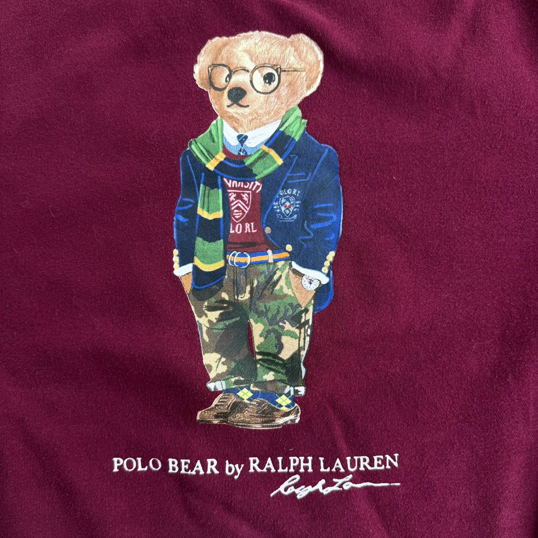 J- Vintage Polo RL Polo Bear Graphic Maroon Crewneck - Youth L