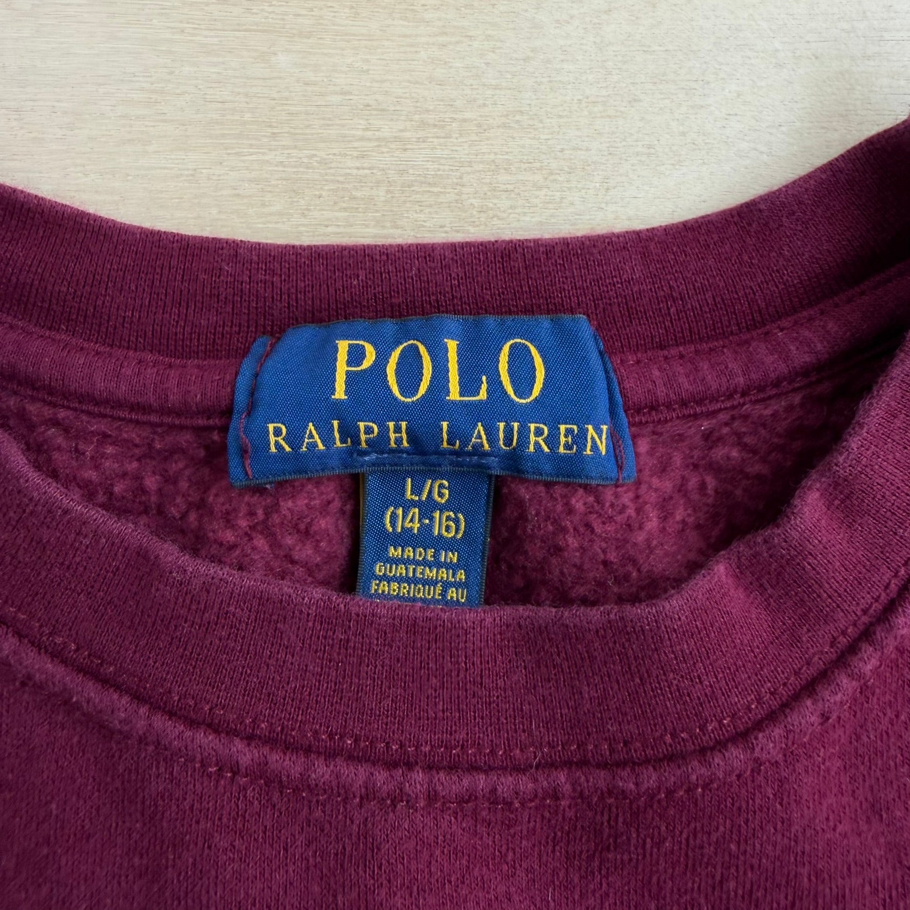 J- Vintage Polo RL Polo Bear Graphic Maroon Crewneck - Youth L