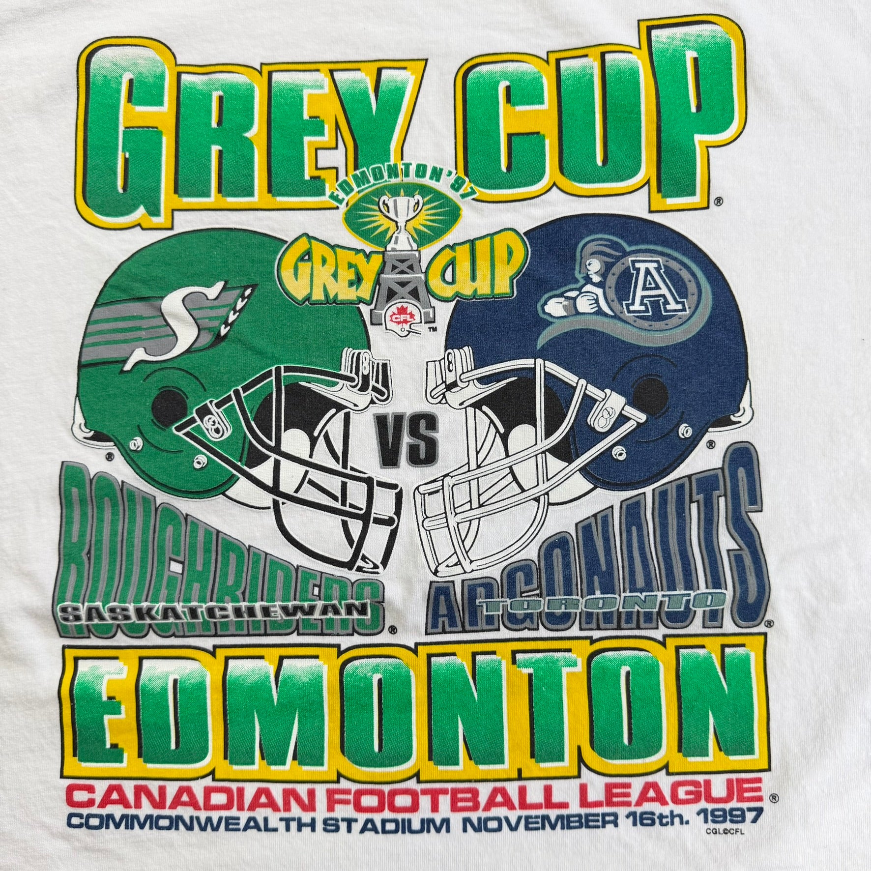 J- Vintage '97 Saskatchewan Roughriders Vs Toronto Argonauts CFL Grey Cup Graphic Tee - XL