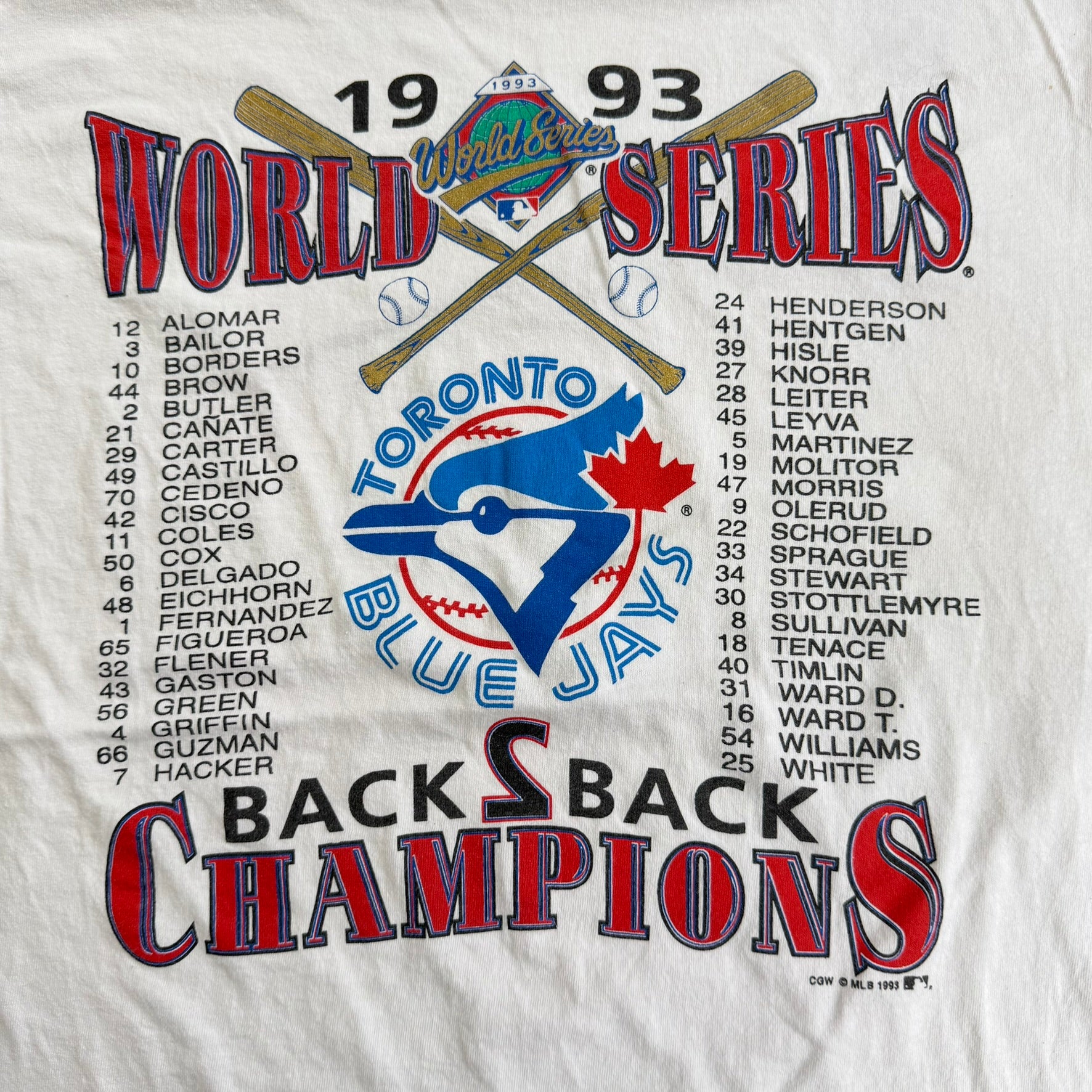 J- Vintage '93 Toronto Blue Jays World Series Back 2 Back Champions MLB Single Stitch Tee - XL