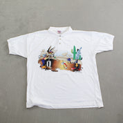 F- Vintage 1995 Looney Tunes Wile E. Coyote & Road Runner Henley Polo Tee