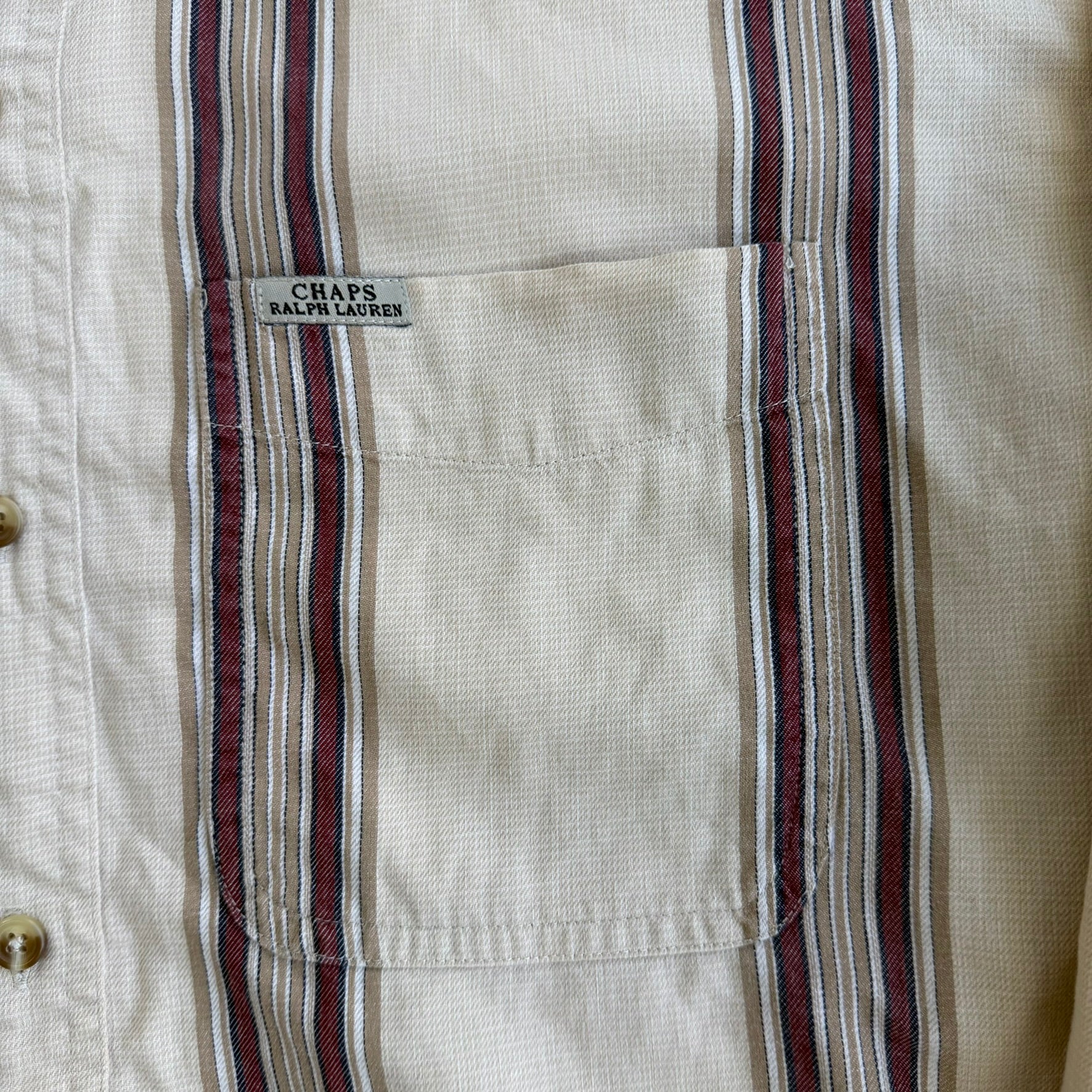 J- Vintage 90s Chaps RL Pocket Beige/Maroon Striped Button Down Shirt - M