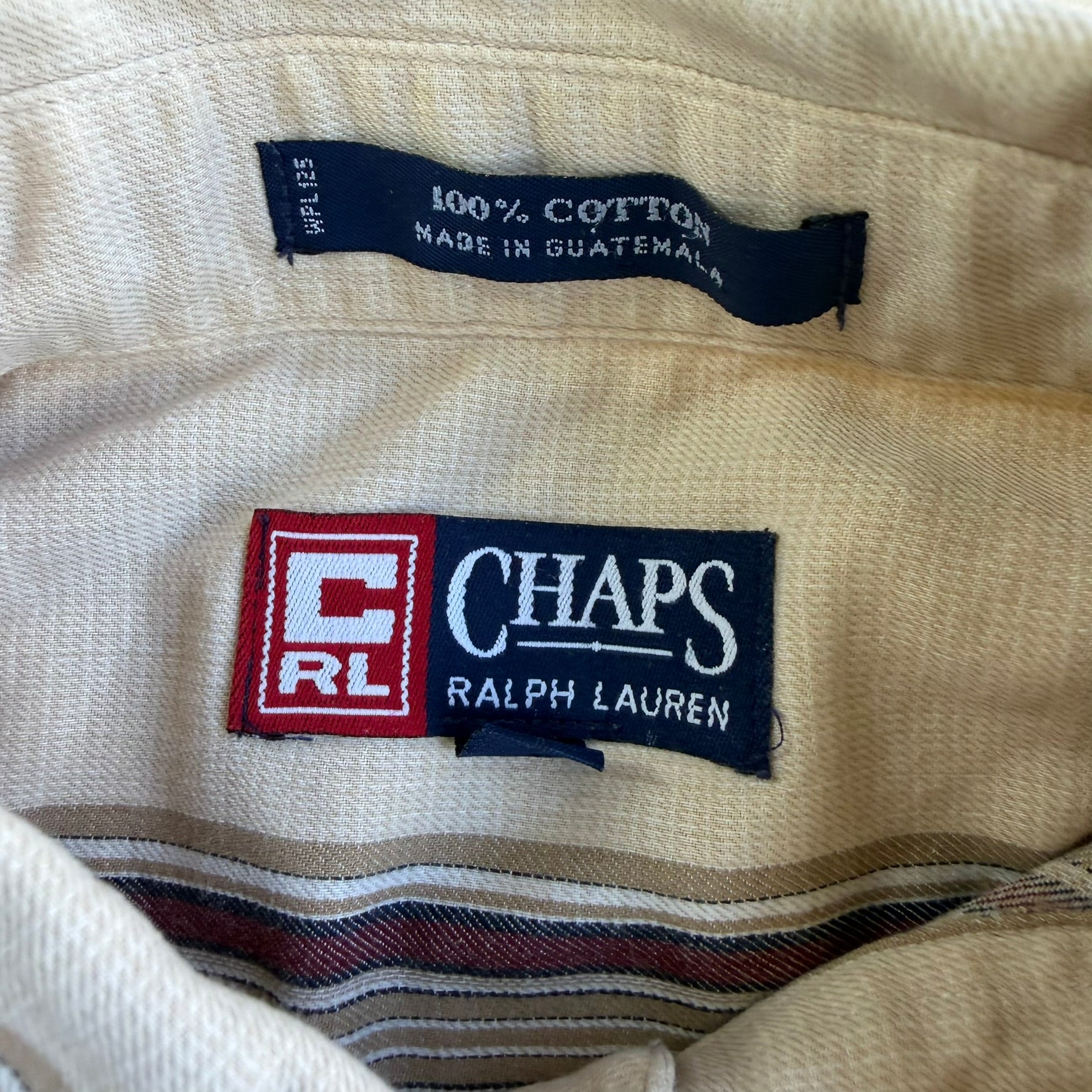 J- Vintage 90s Chaps RL Pocket Beige/Maroon Striped Button Down Shirt - M