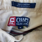 J- Vintage 90s Chaps RL Pocket Beige/Maroon Striped Button Down Shirt - M
