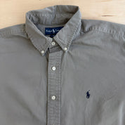 J- Vintage 90s Polo RL Embroidered Logo Taupe Button Down Shirt - L