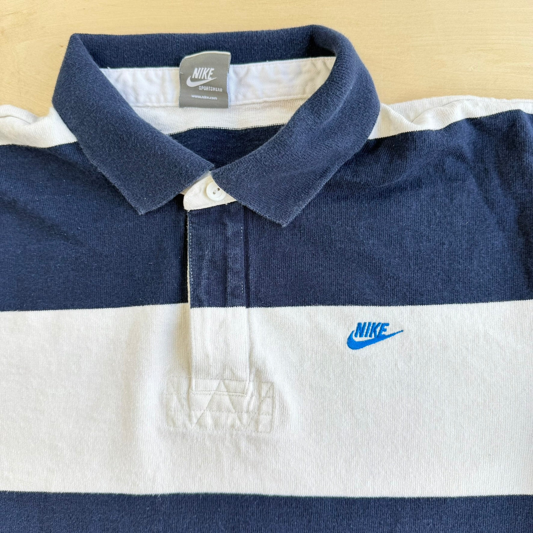 J- Vintage Nike Sportswear Embroidered Logo Striped Long Sleeve Rugby Shirt - L