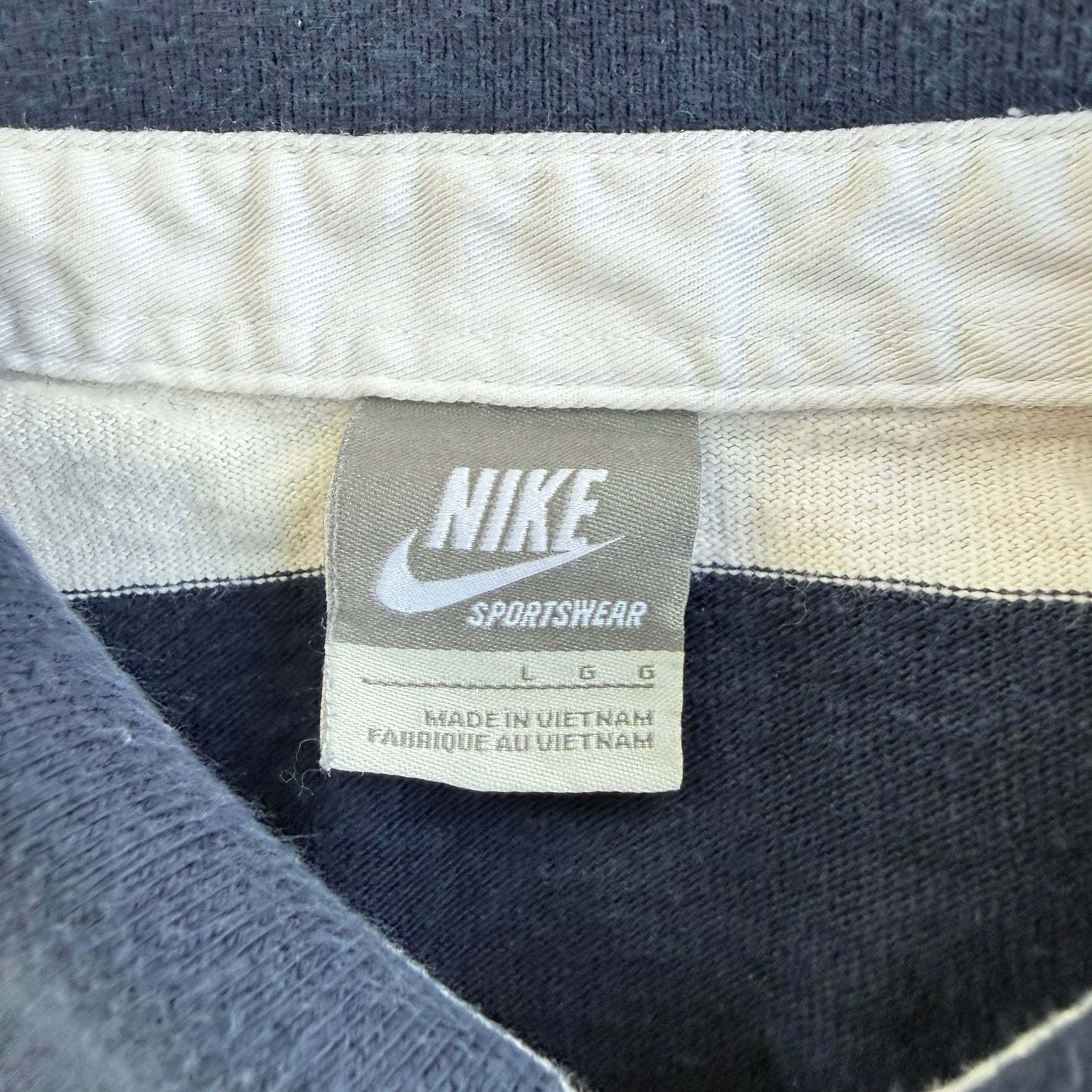J- Vintage Nike Sportswear Embroidered Logo Striped Long Sleeve Rugby Shirt - L