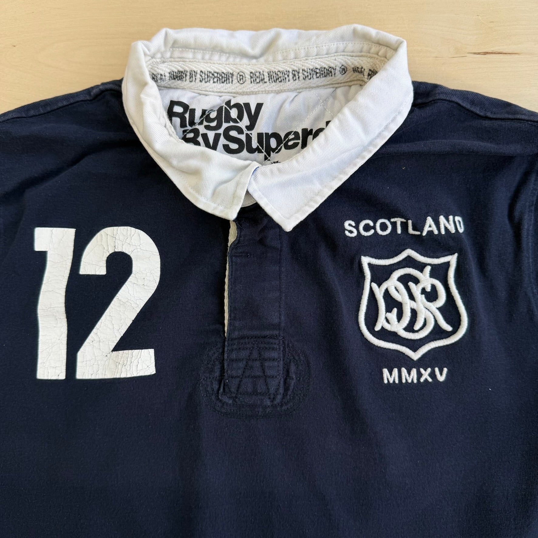 J- Vintage Superdry Scotland Embroidered Text Long Sleeve Rugby Shirt - XL