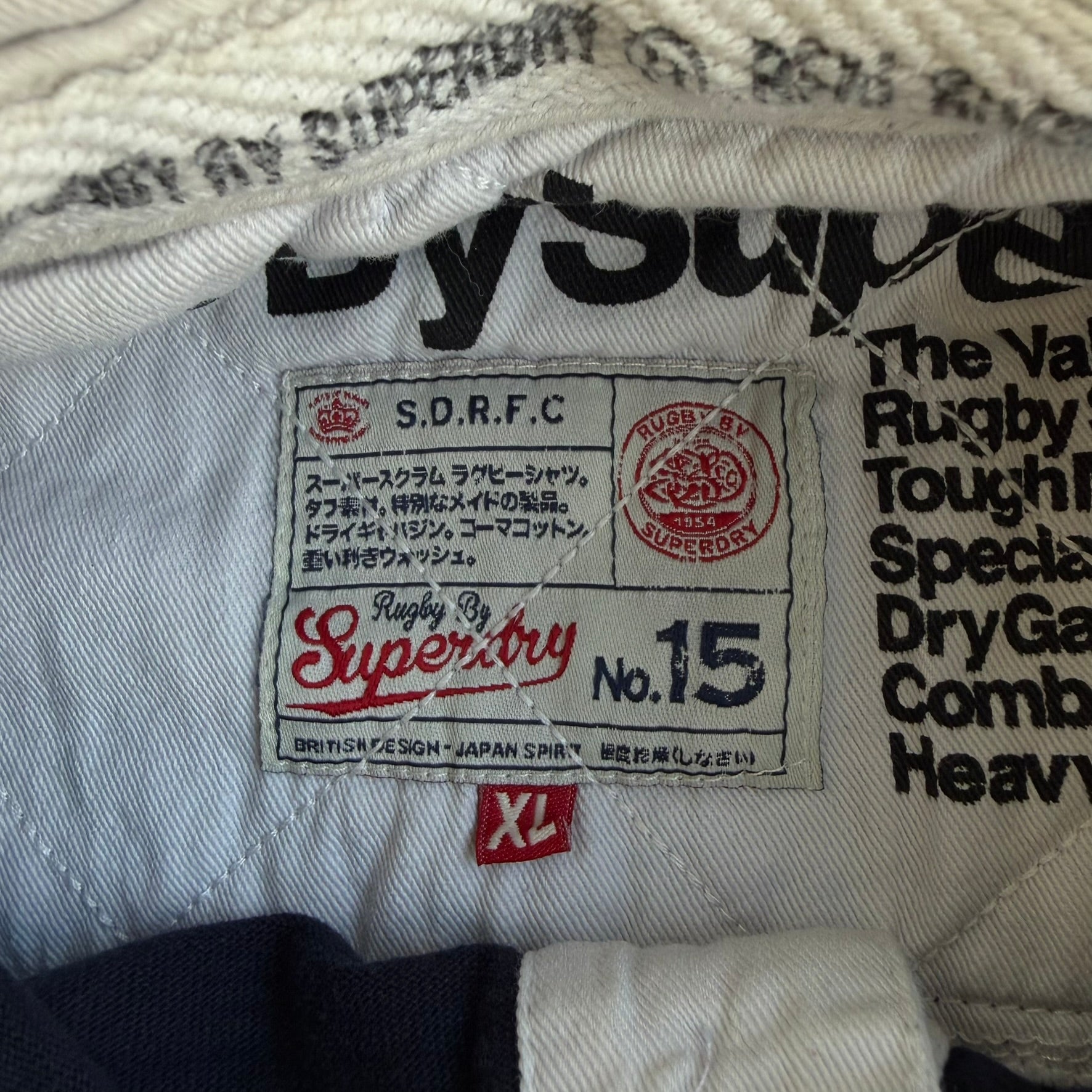 J- Vintage Superdry Scotland Embroidered Text Long Sleeve Rugby Shirt - XL