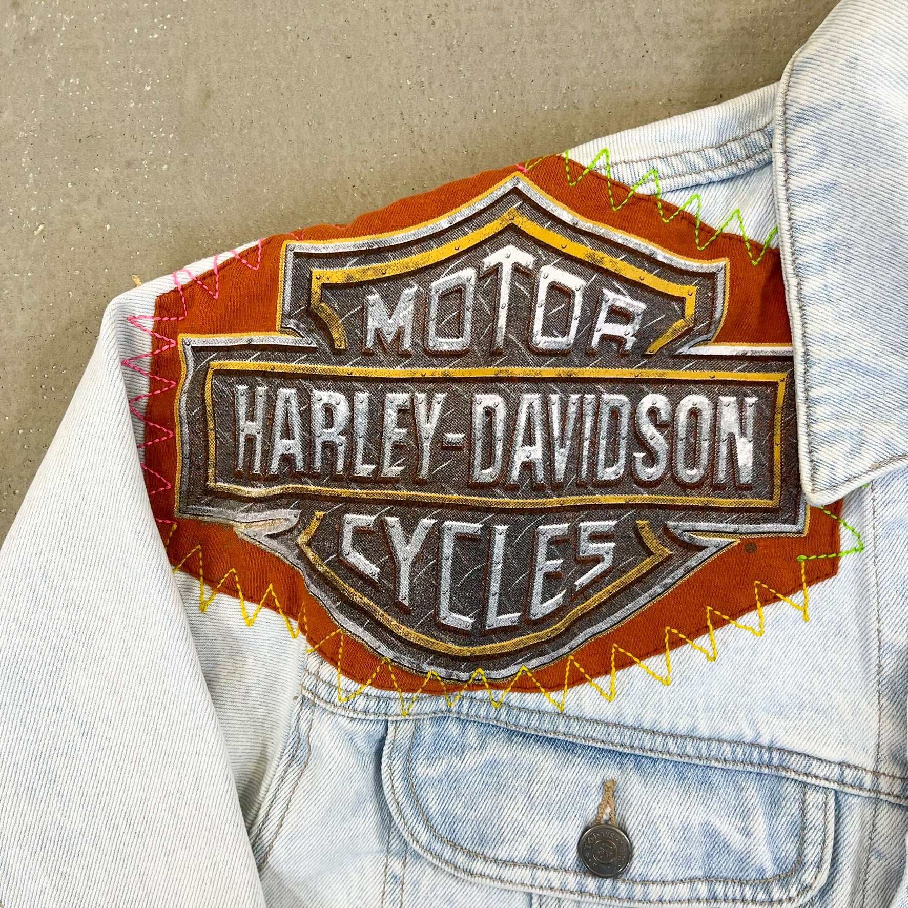 F- HOM Harley Davidson Reworked Custom Denim Jacket