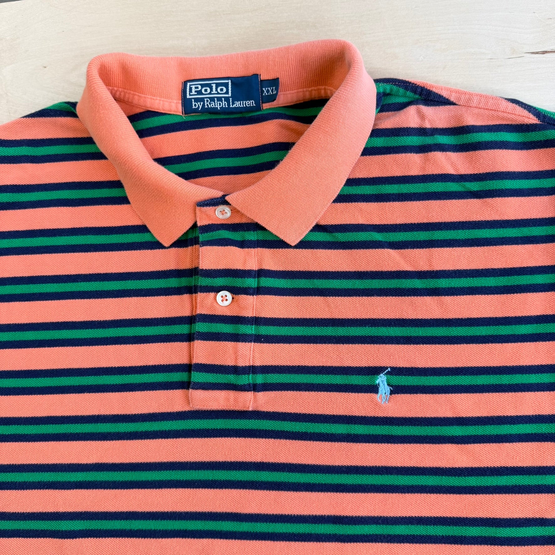 J- Vintage Polo RL Embroidered Logo Striped Orange/Green Polo Shirt - 2XL