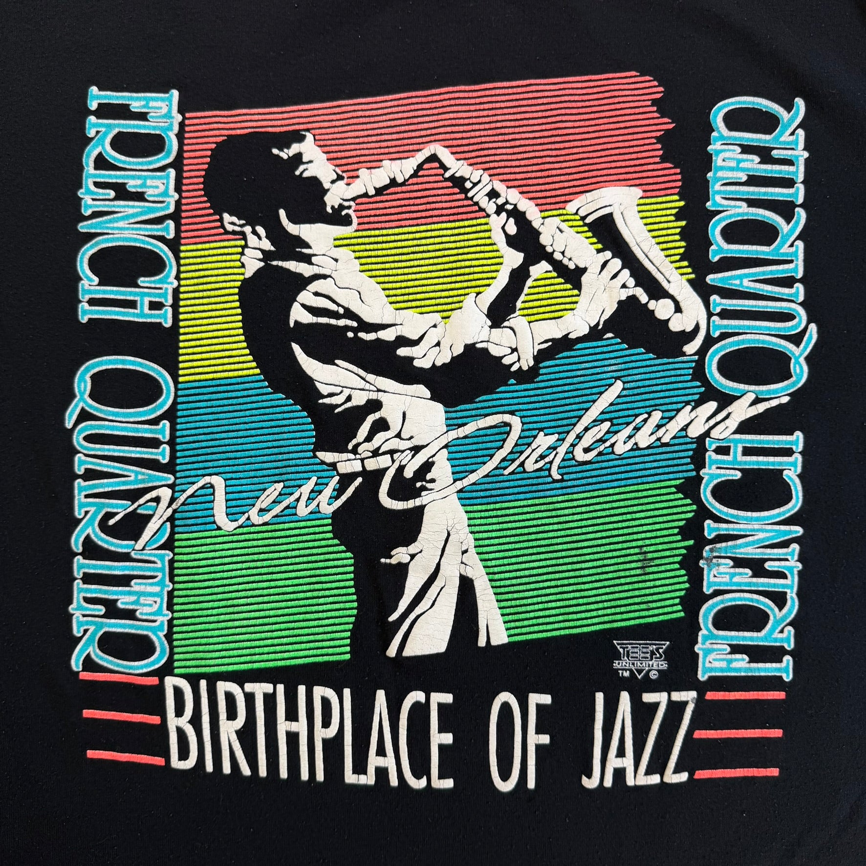 J- Vintage New Orleans French Quarter Birthplace Of Jazz Graphic Made In USA Single Stitch Tee - L