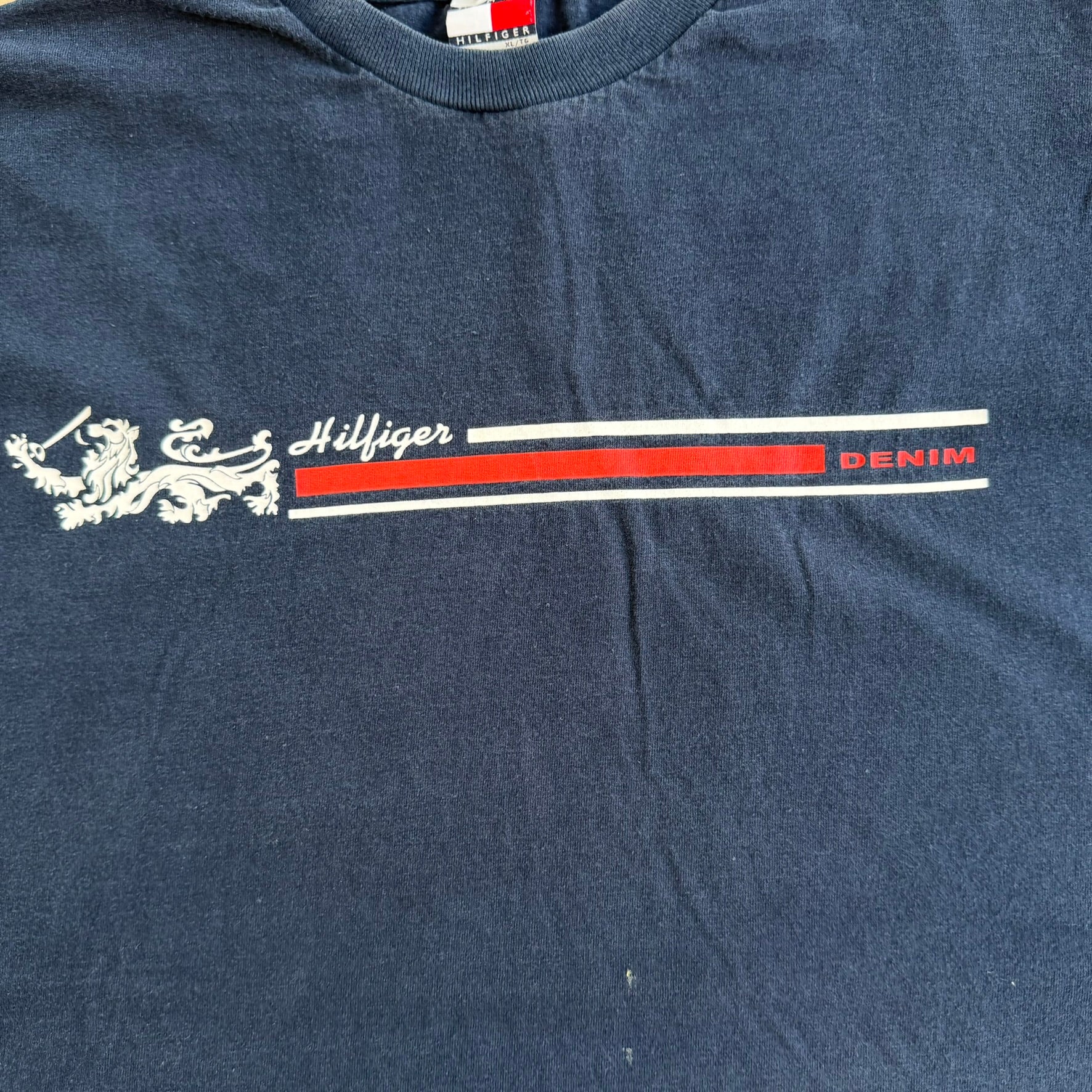 J- Vintage 90s Tommy Hilfiger Denim Graphic & Logo Navy Tee - XL