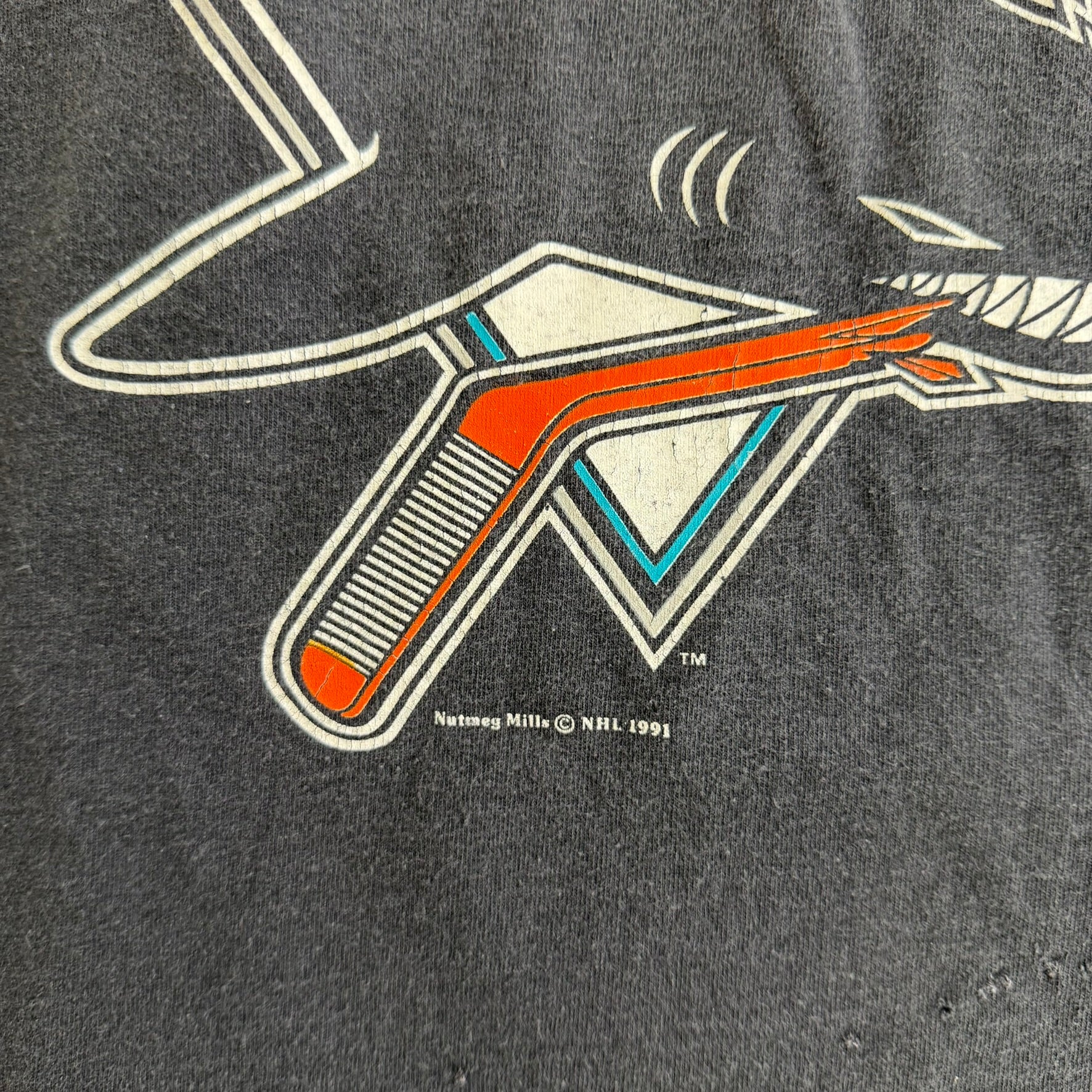 J- Vintage '91 San Jose Sharks NHL Logo & Graphic Made In USA Single Stitch Tee - M