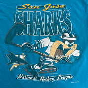 J- Vintage '93 San Jose Sharks Tazmanian Devil NHL Looney Tunes Graphic Made In USA Single Stitch Tee - L