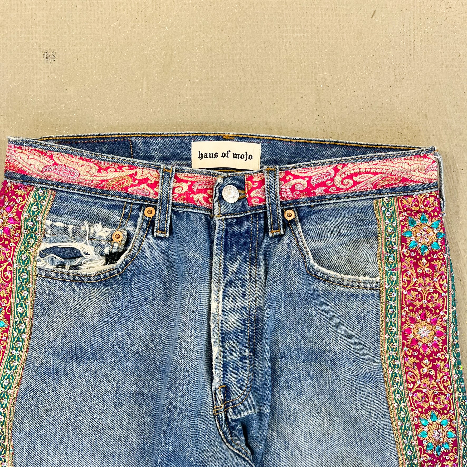 F- HOM Levi's 501 Hand Beaded Reworked Custom Jeans