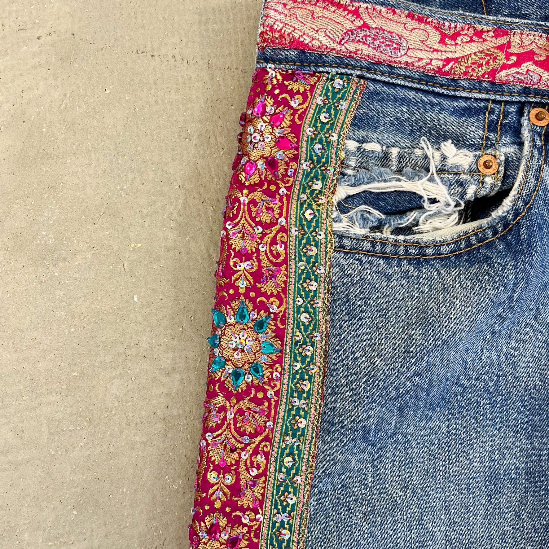 F- HOM Levi's 501 Hand Beaded Reworked Custom Jeans