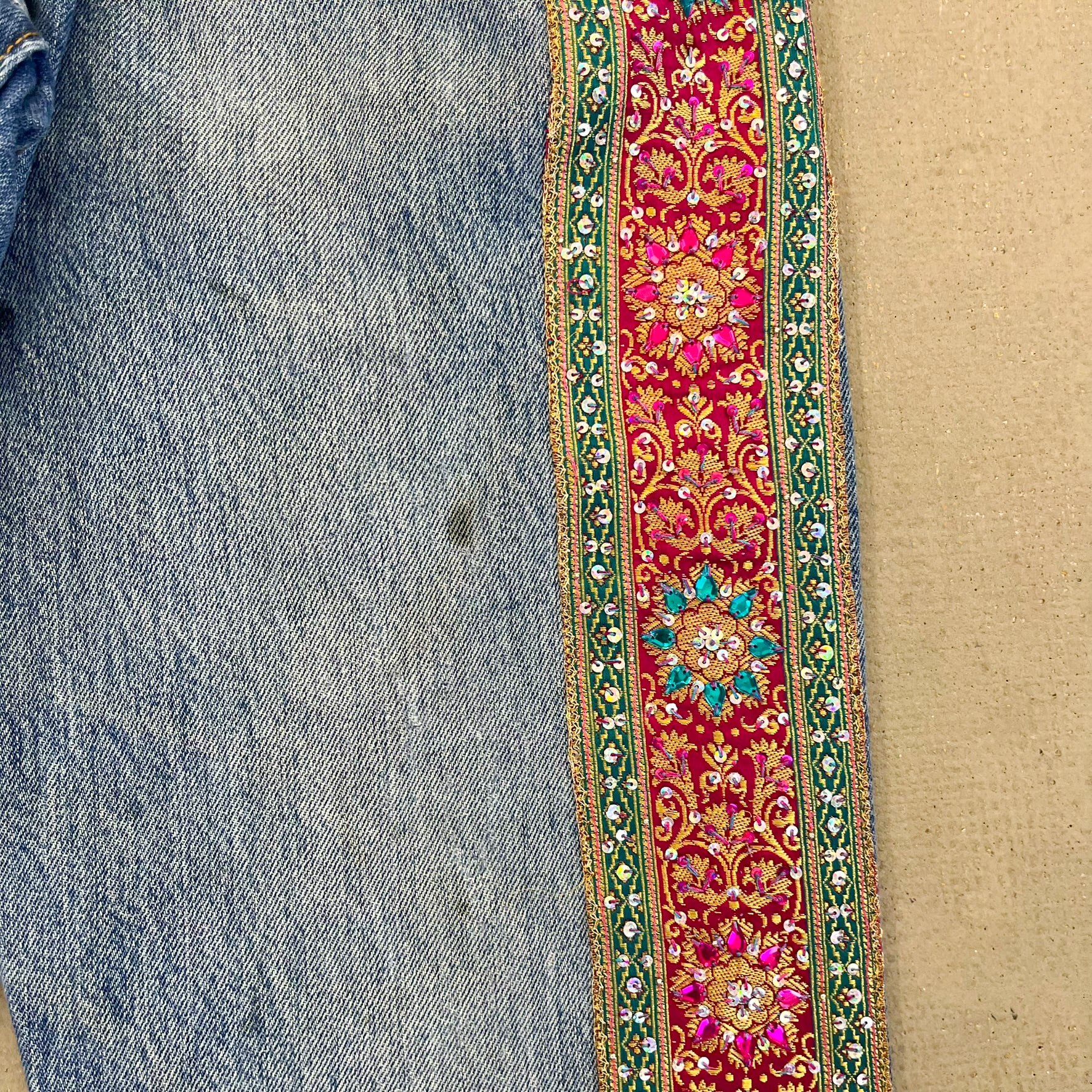 F- HOM Levi's 501 Hand Beaded Reworked Custom Jeans