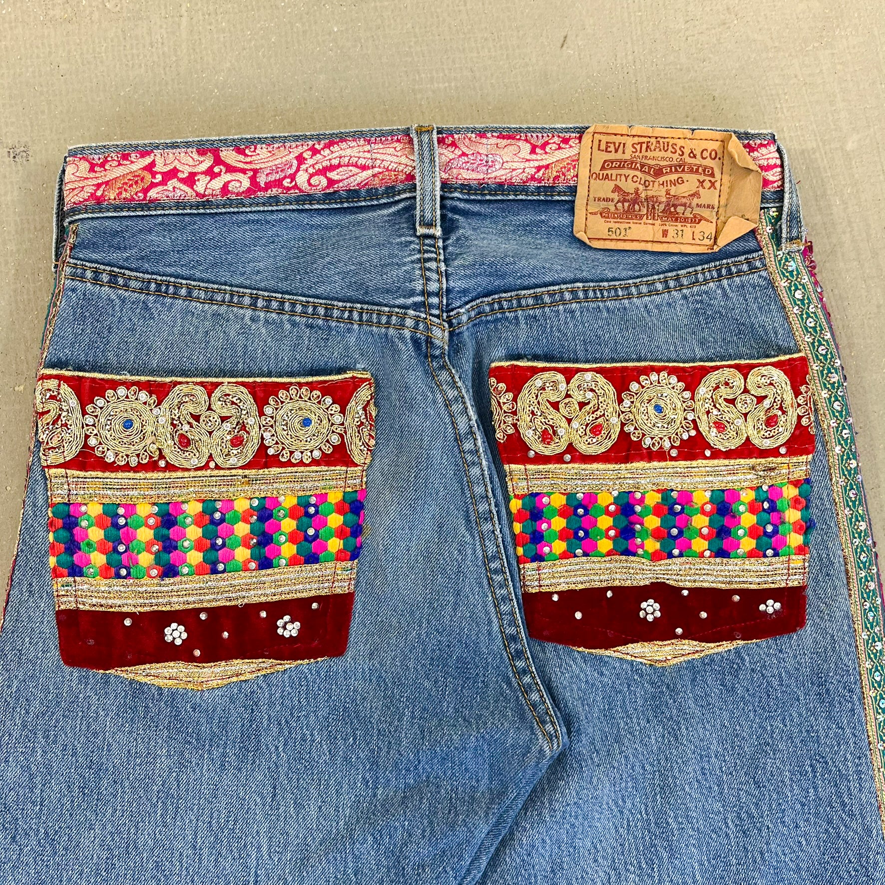 F- HOM Levi's 501 Hand Beaded Reworked Custom Jeans