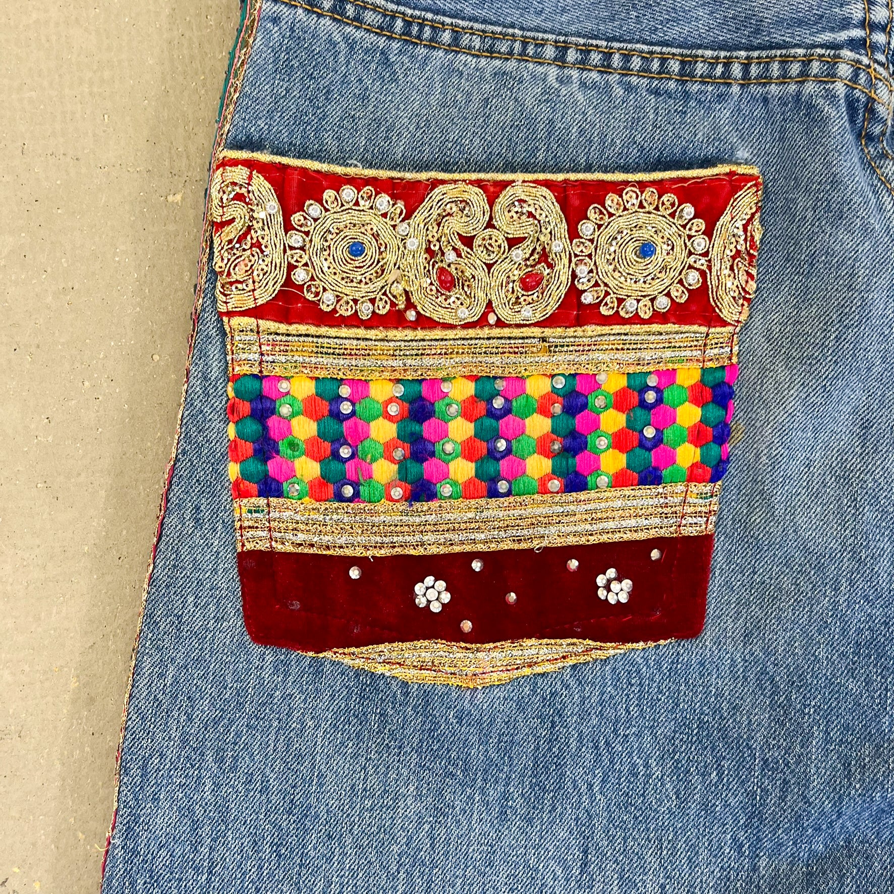 F- HOM Levi's 501 Hand Beaded Reworked Custom Jeans