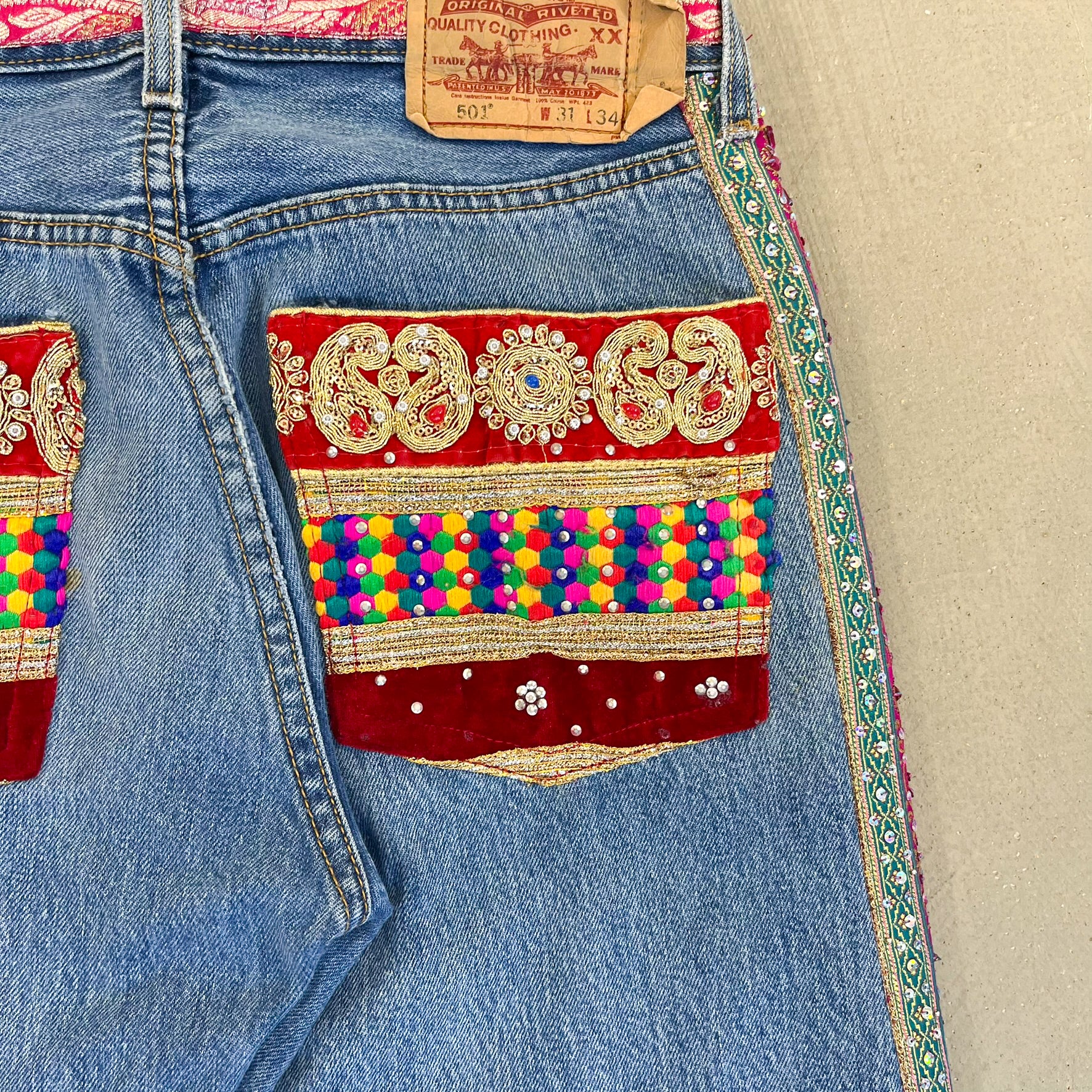F- HOM Levi's 501 Hand Beaded Reworked Custom Jeans