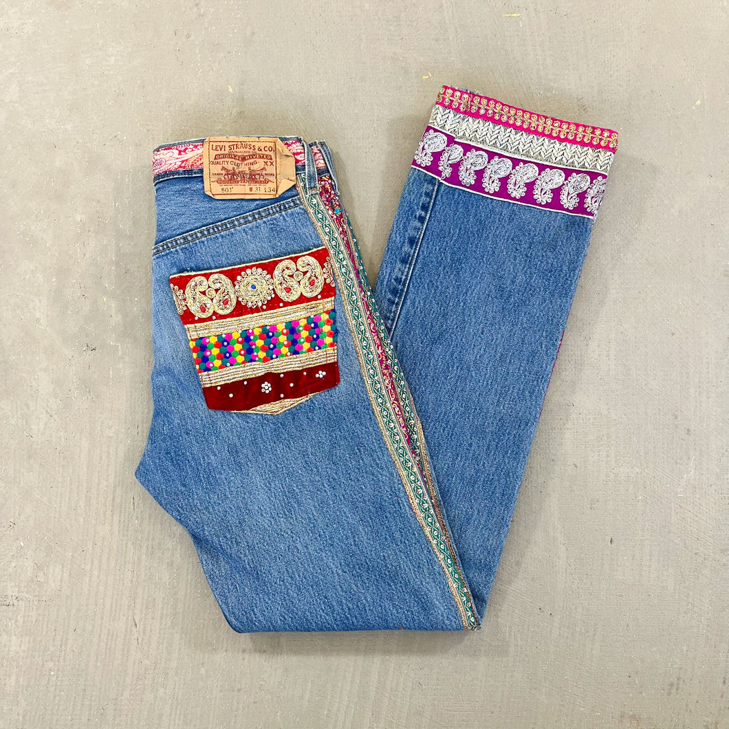 F- HOM Levi's 501 Hand Beaded Reworked Custom Jeans