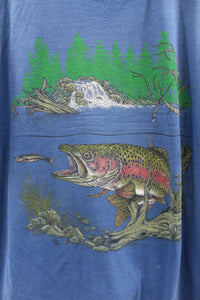 X - Vintage Single Stich Fish In River & Waterfall Jerzees tag Tee