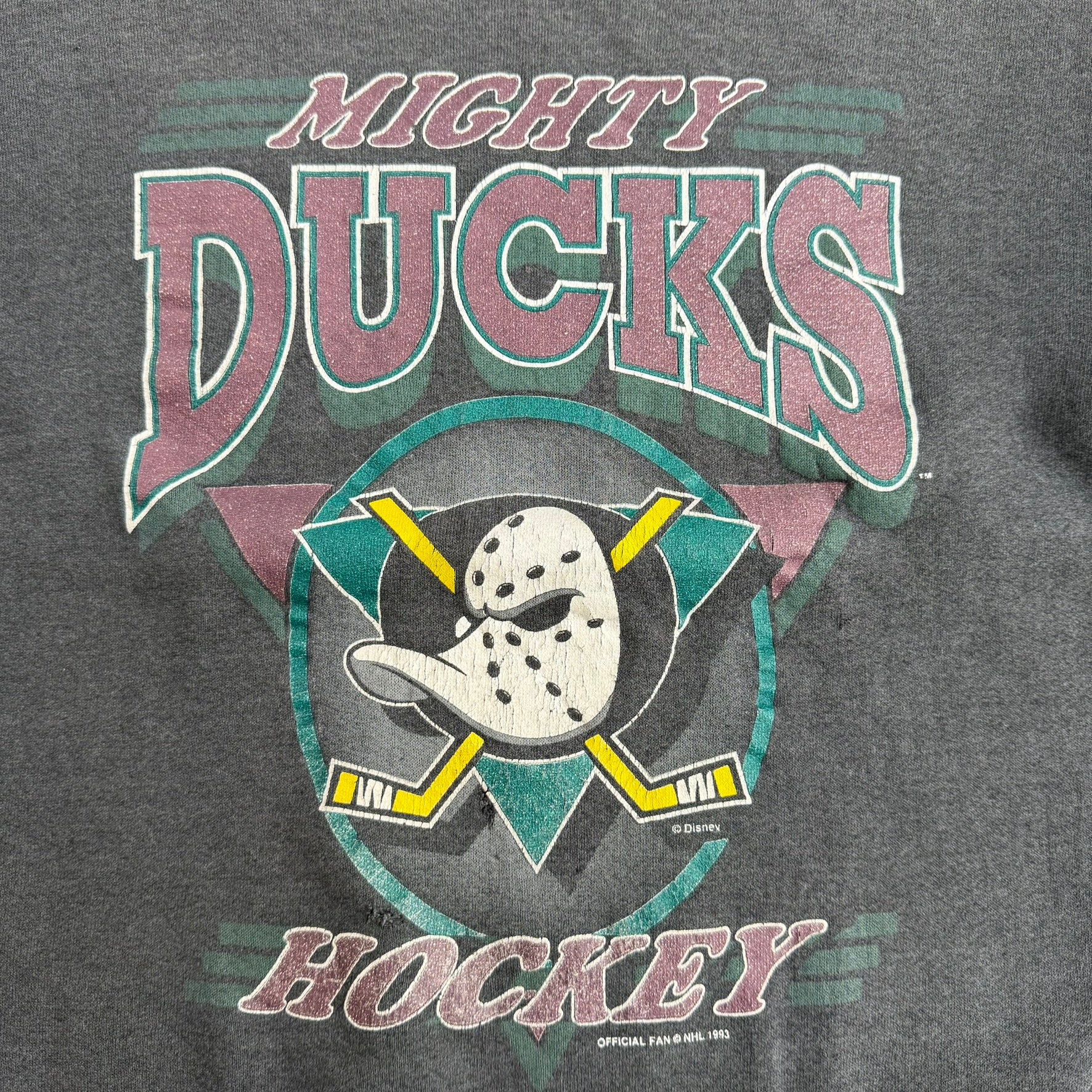J- Vintage '93 Anaheim Mighty Ducks NHL Text & Graphic Made In USA Crewneck - M