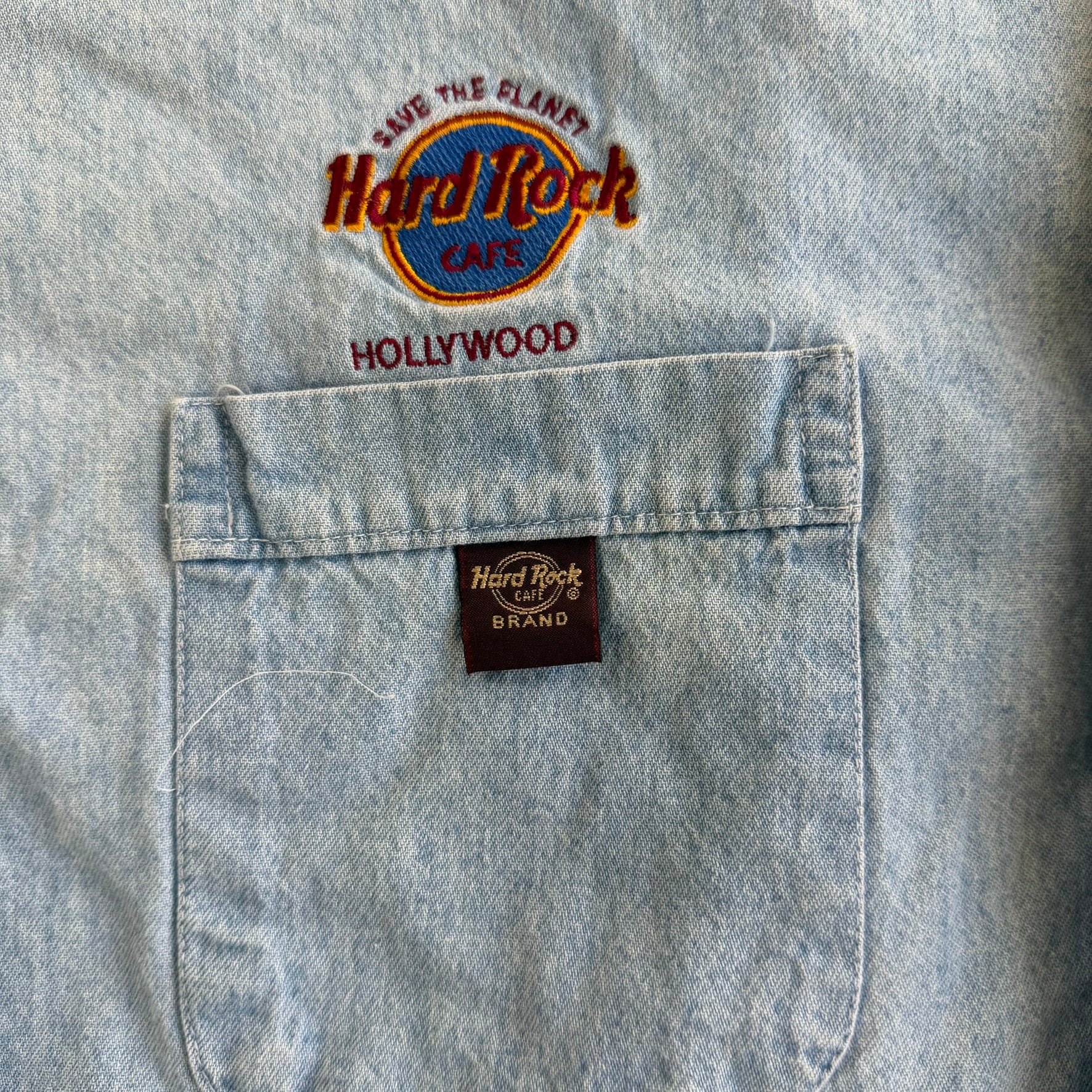 J- Vintage Hard Rock Cafe Hollywood Guitars Graphic Denim Button Down Shirt - XL