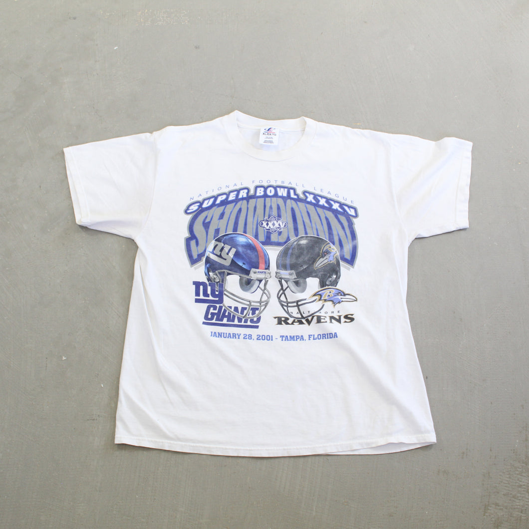 F- Vintage 2001 Super Bowl 35 NY Giants Vs Baltimore Ravens NFL Logo Athletic Promo Tee