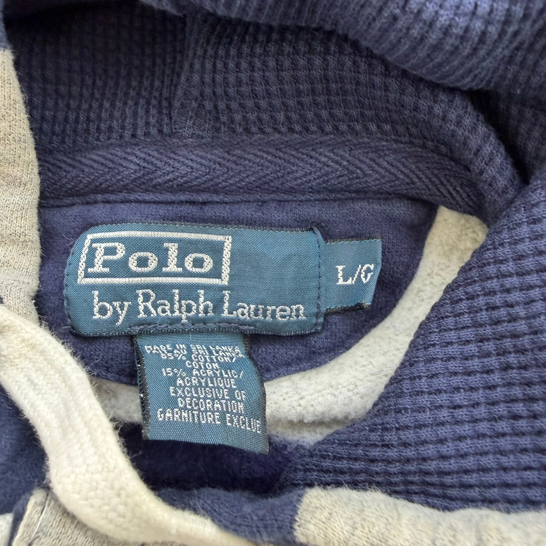 J- Vintage Polo Ralph Lauren Embroidered Logo Navy Grey Striped Henley Hoodie - L