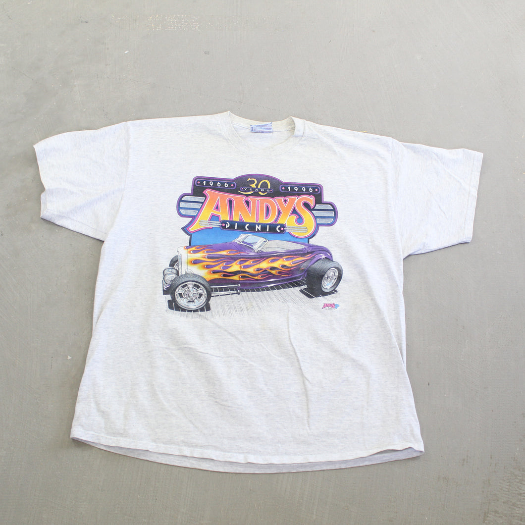 F- Vintage 1996 Andys Picnic Hot Rod Car Graphic Tee
