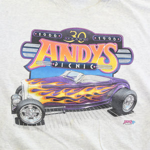 F- Vintage 1996 Andys Picnic Hot Rod Car Graphic Tee