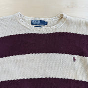 J- Vintage 90s Polo RL Embroidered Logo Maroon/Beige Striped Knit Sweater - L