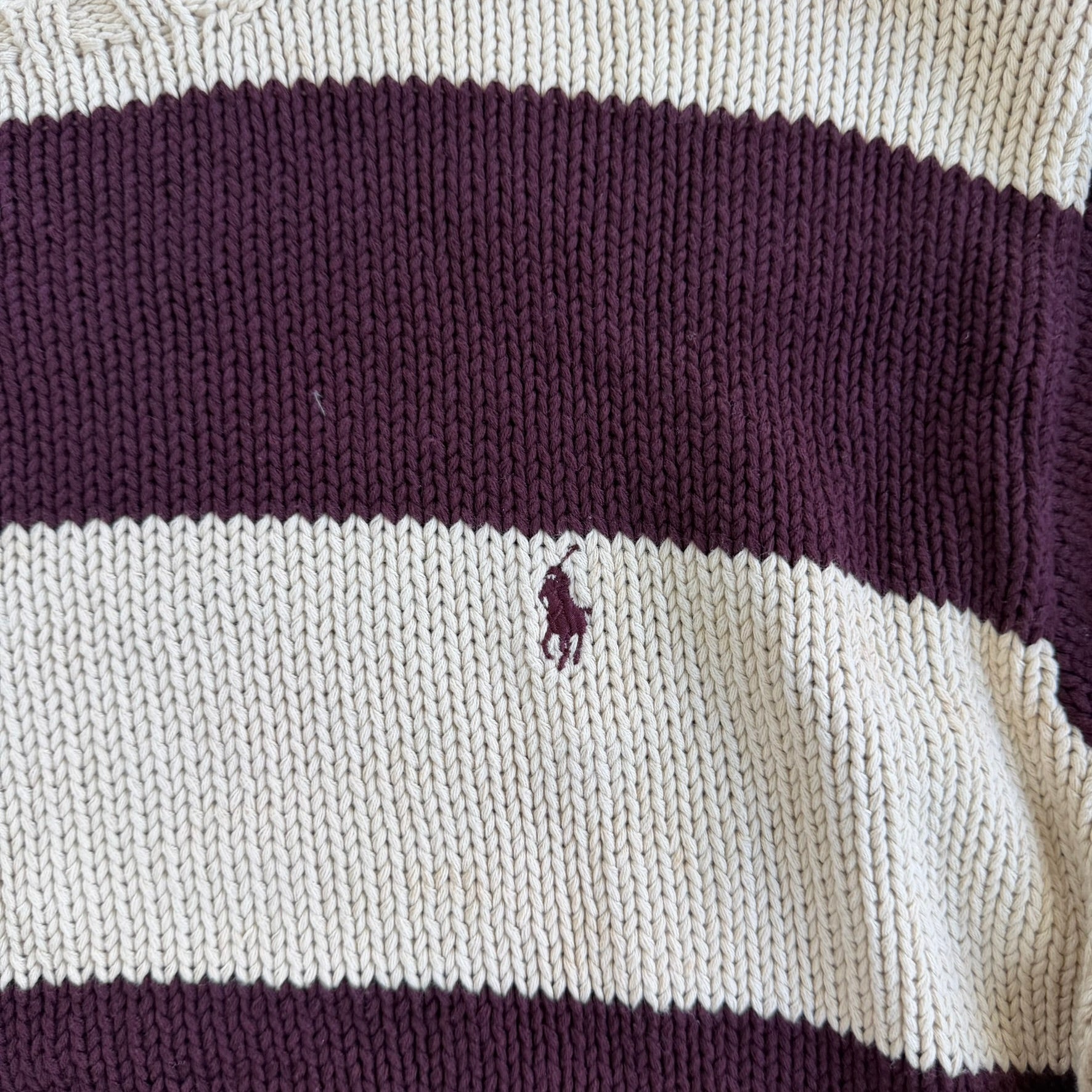 J- Vintage 90s Polo RL Embroidered Logo Maroon/Beige Striped Knit Sweater - L