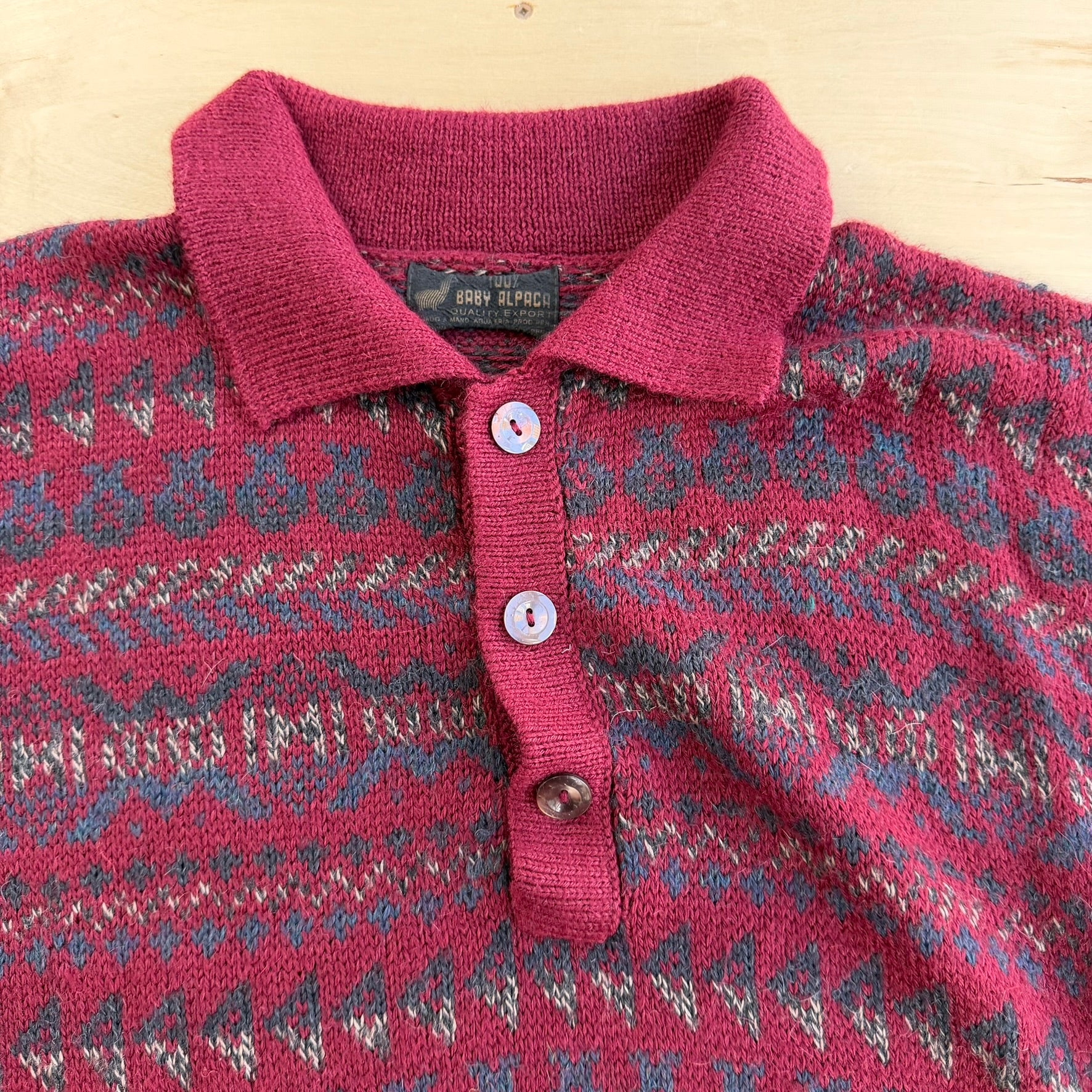 J- Vintage Baby Alpaca Patterned Henley Knit Sweater - L