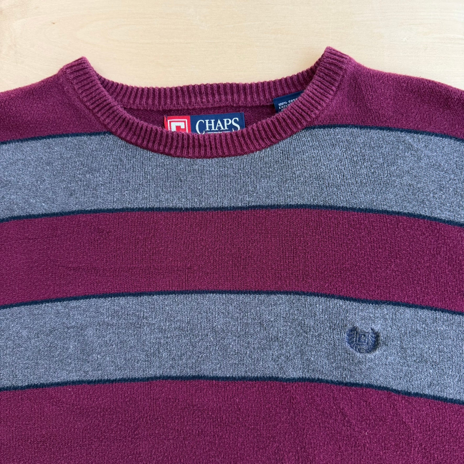J- Vintage Chaps RL Embroidered Logo Dark Grey/Maroon Striped Knit Sweater - M