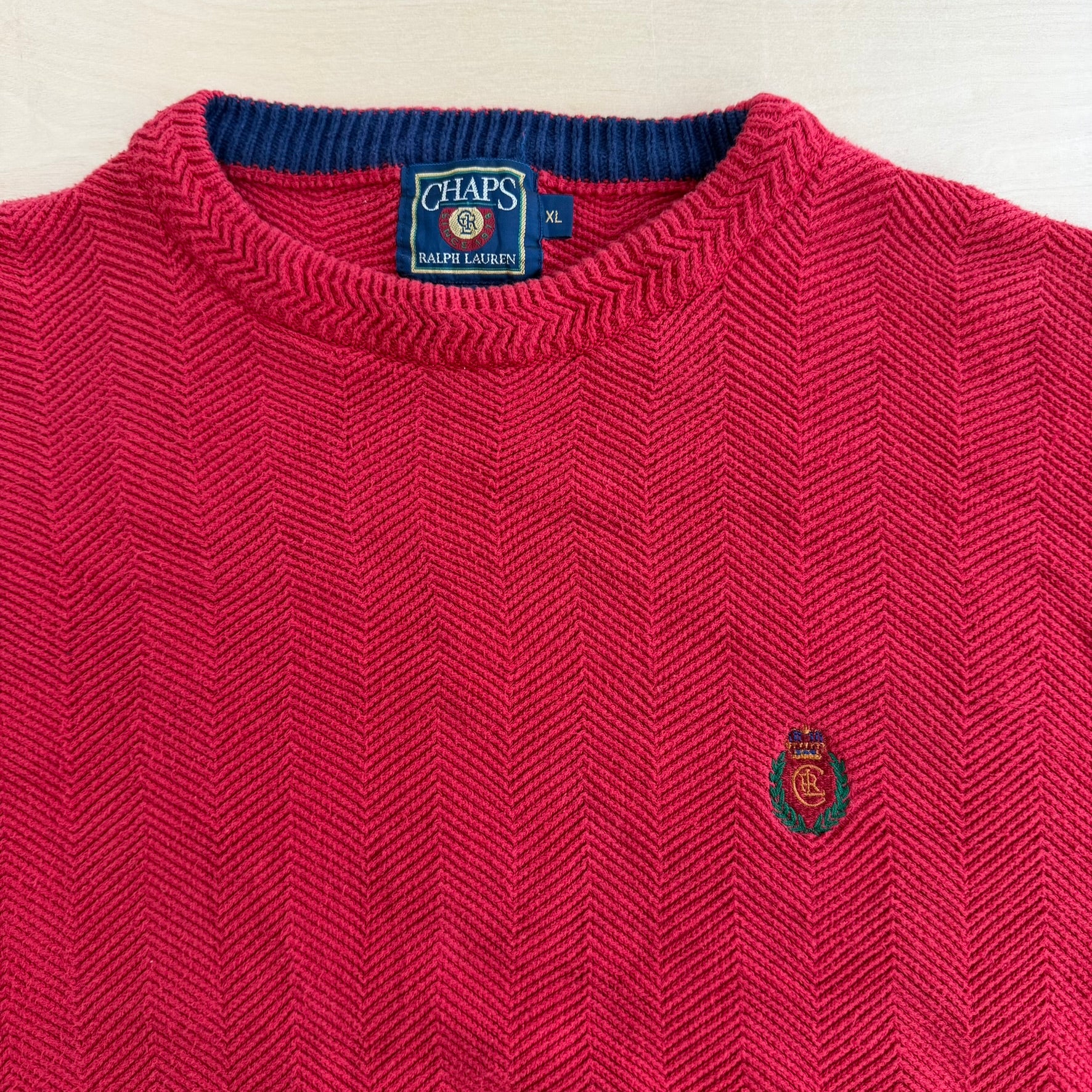 J- Vintage Chaps RL Embroidered Crest Red Knit Sweater - XL