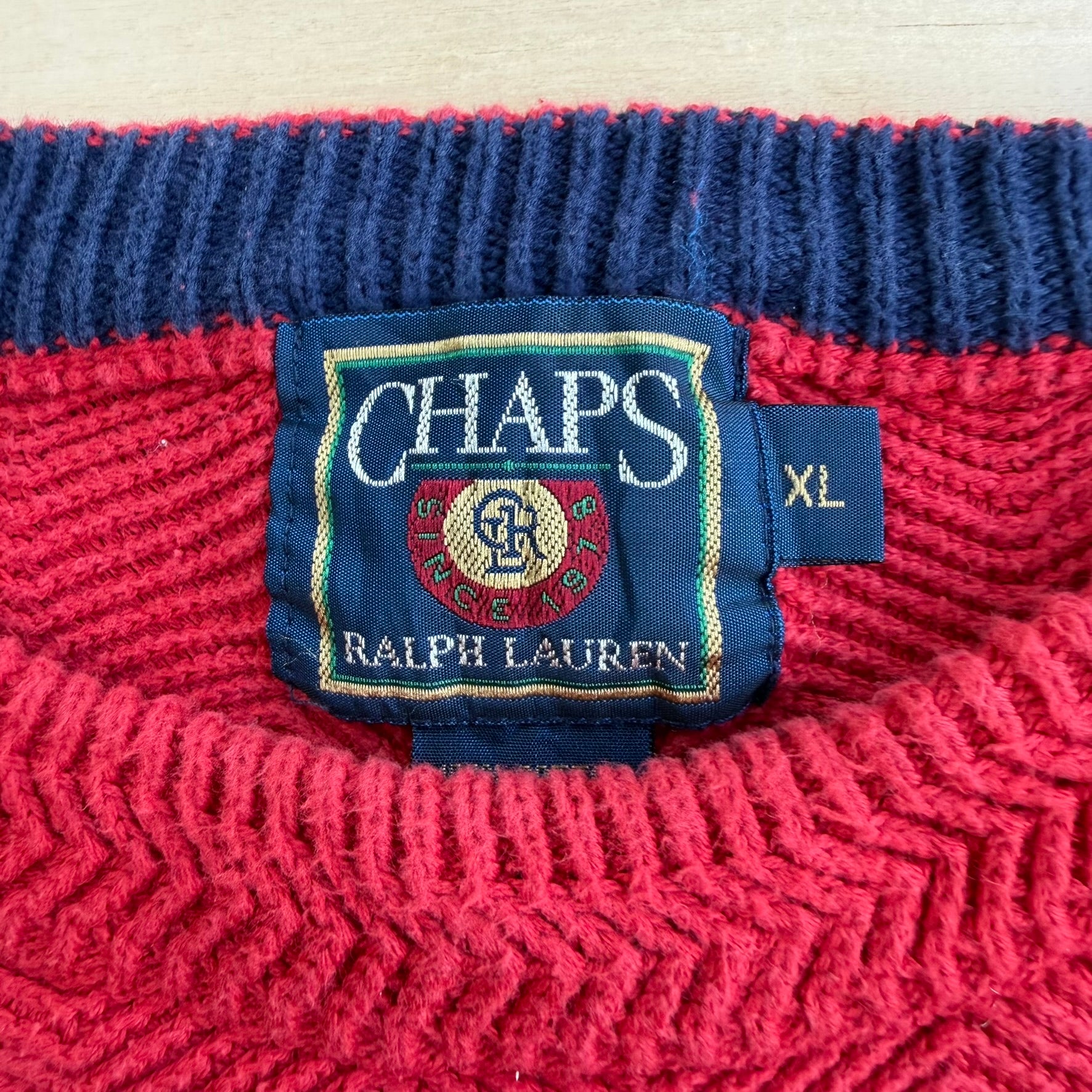J- Vintage Chaps RL Embroidered Crest Red Knit Sweater - XL