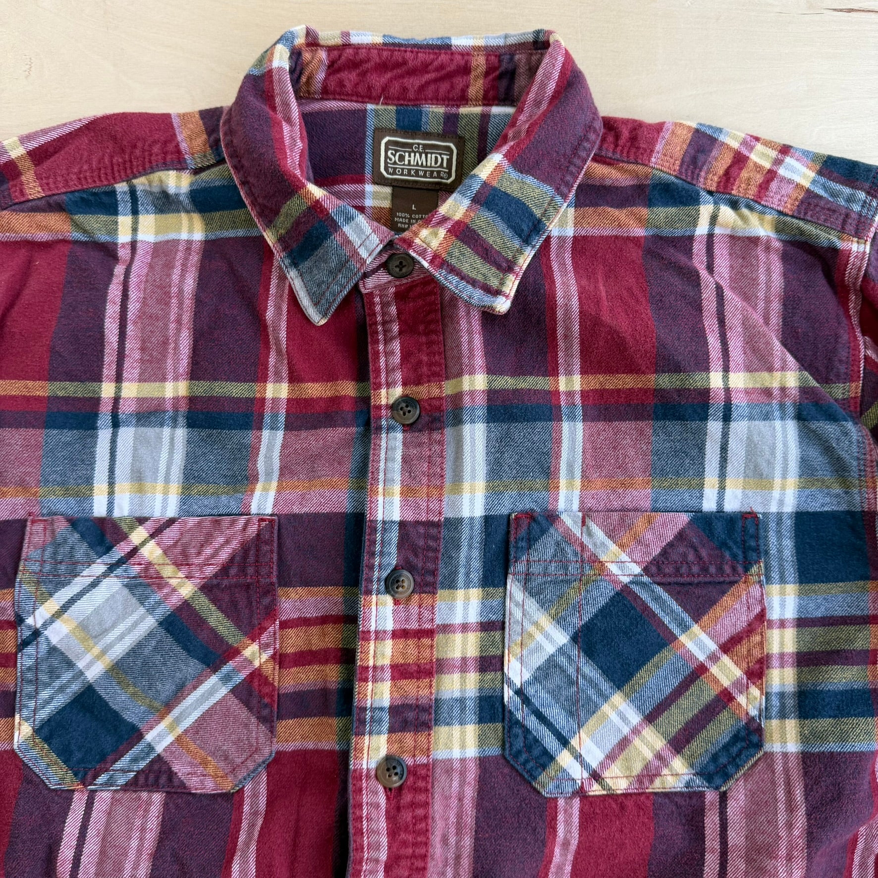 J- Vintage Schmidt Workwear Red/Navy Plaid Button Down Flannel Shirt - L