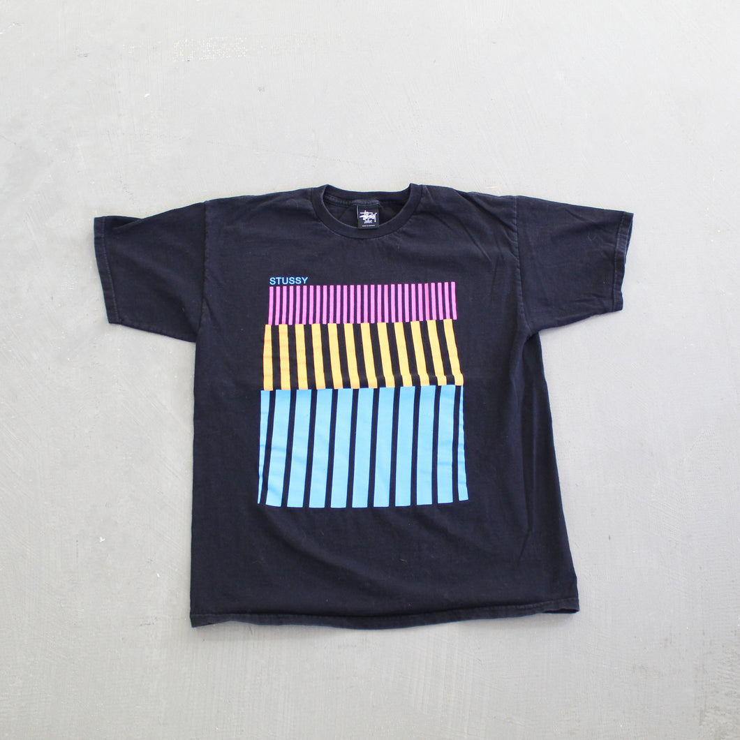 F- Stussy Text & Colored Lines Graphic Tee