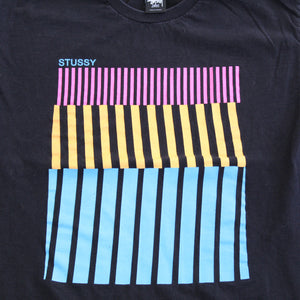 F- Stussy Text & Colored Lines Graphic Tee